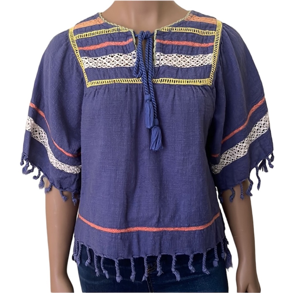 Rocks and Indigo Boho Blouse Beautiful Statement Top SZ S Short Sleeve Cotton